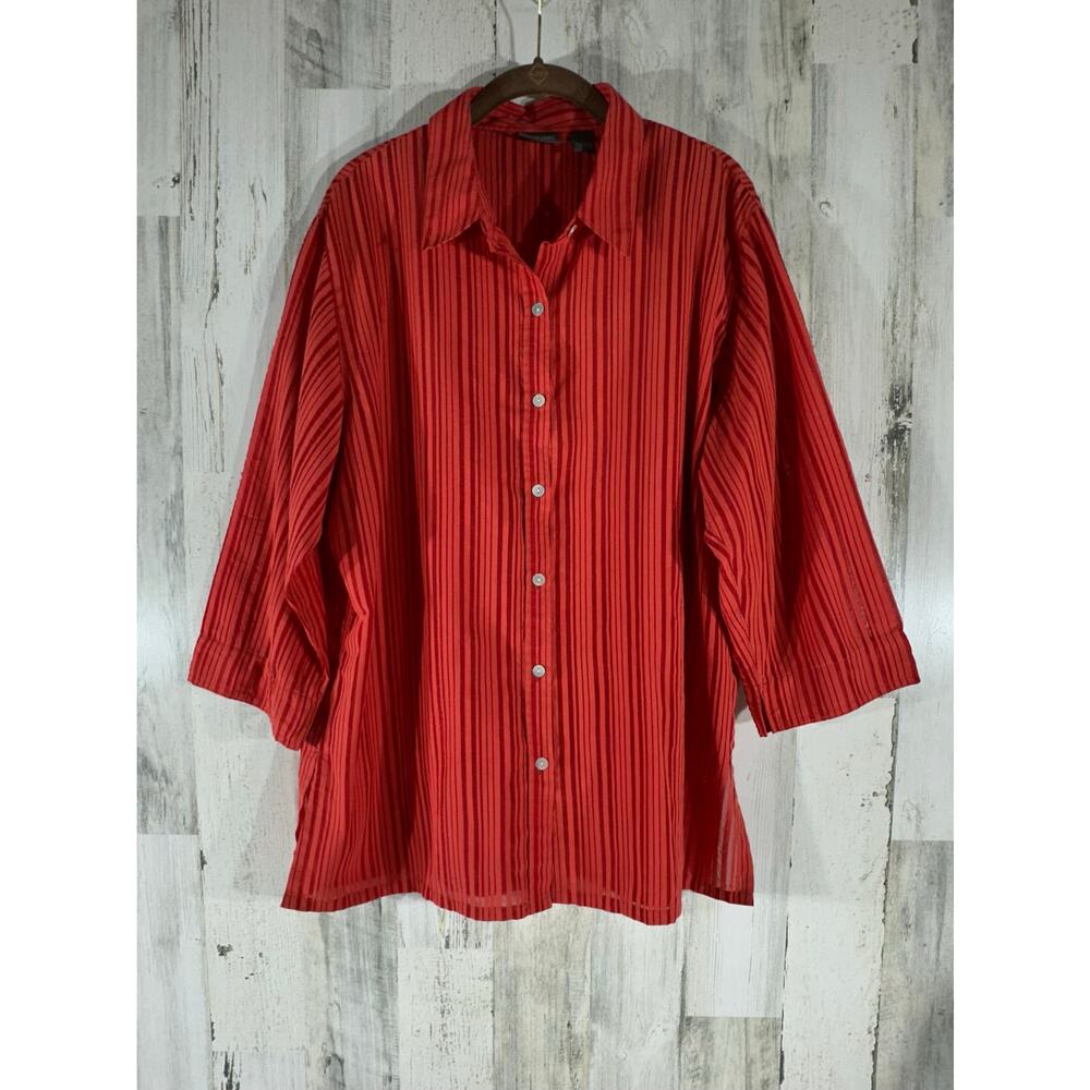 Additions by Chicos Blouse Sz 3 or XL Rust Orange‎ Semi Sheer Stripes 3/4 Sleeve